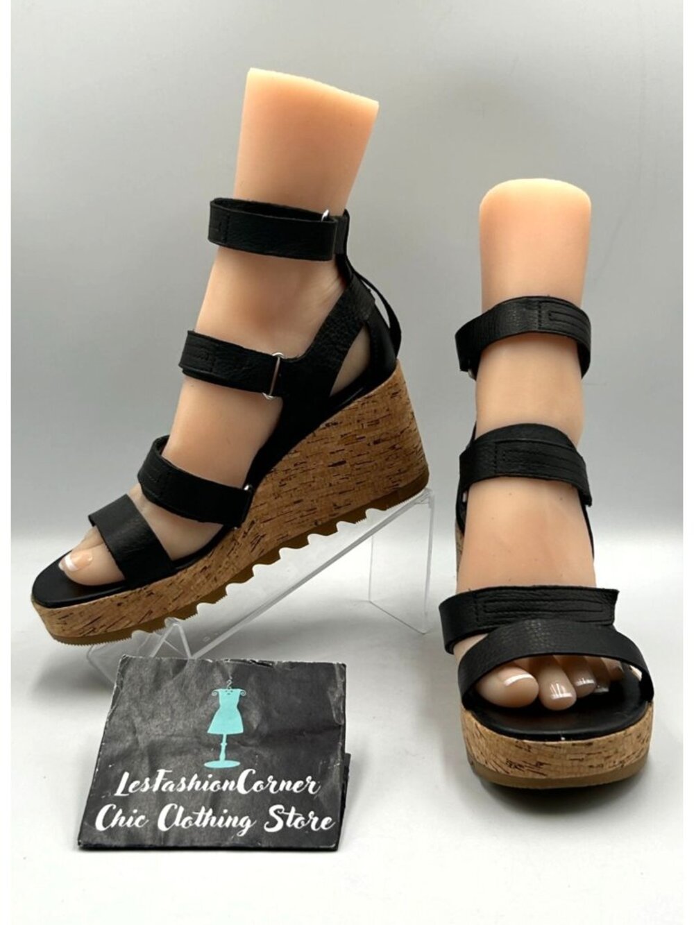 Sorel Women's Black Leather Cork Cameron Wedge Strap Sandals Size 7 3495